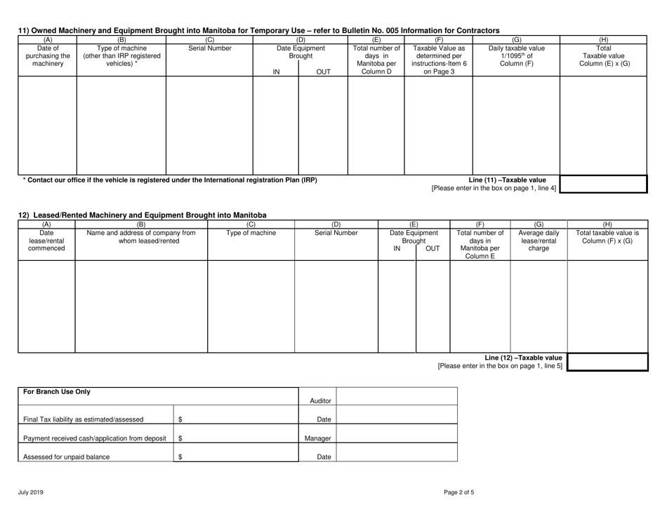 Non-resident Contractor - Retail Sales Tax Remittance Schedule - Manitoba, Canada, Page 2