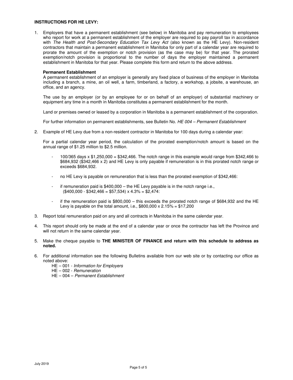Non-resident Contractor - Retail Sales Tax Remittance Schedule - Manitoba, Canada, Page 5