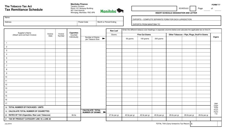 Form T-7 Tax Remittance Schedule - Manitoba, Canada, Page 1