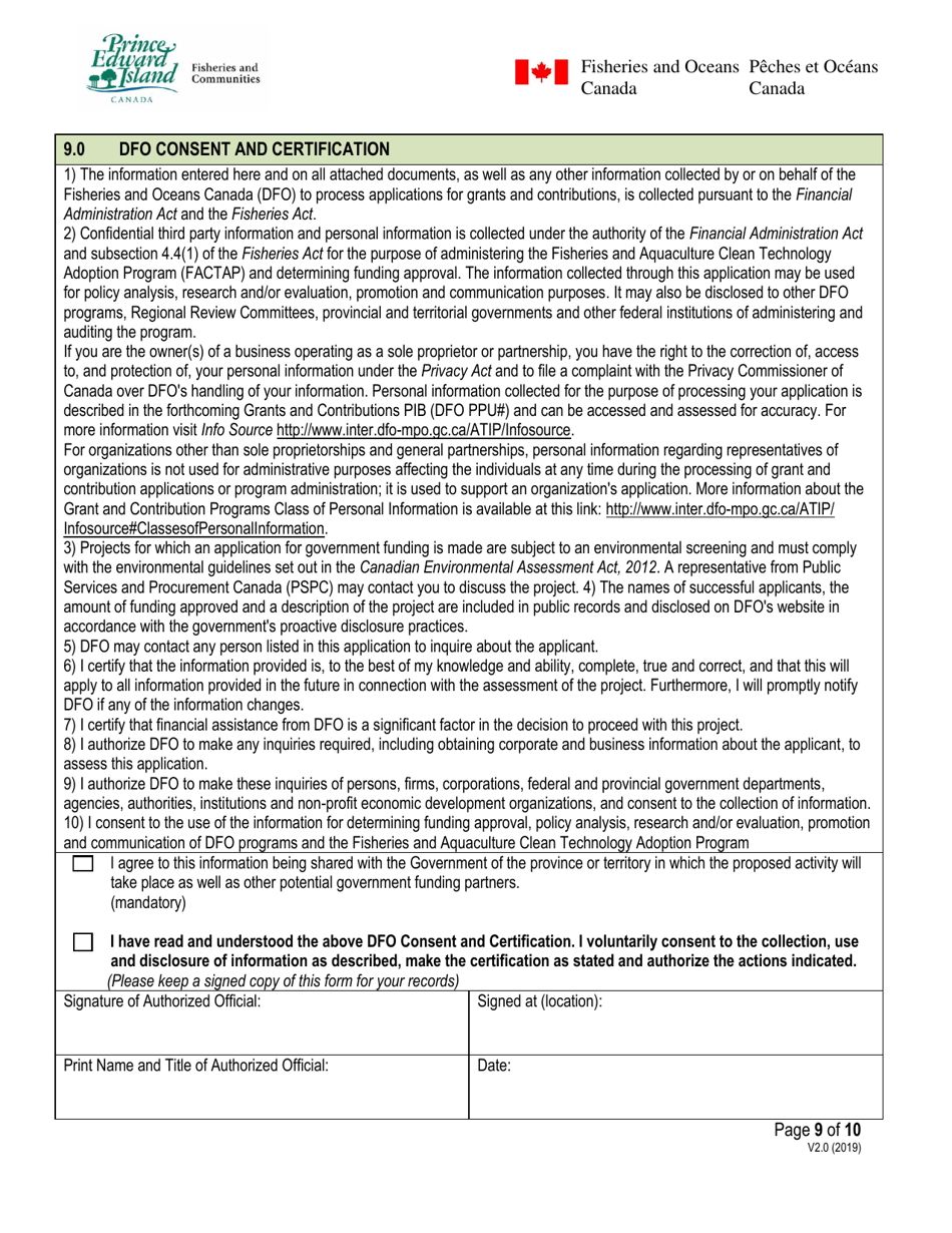 Expression of Interest Form - Prince Edward Island Fisheries and Aquaculture Clean Technology Adoption Program - Prince Edward Island, Canada, Page 9