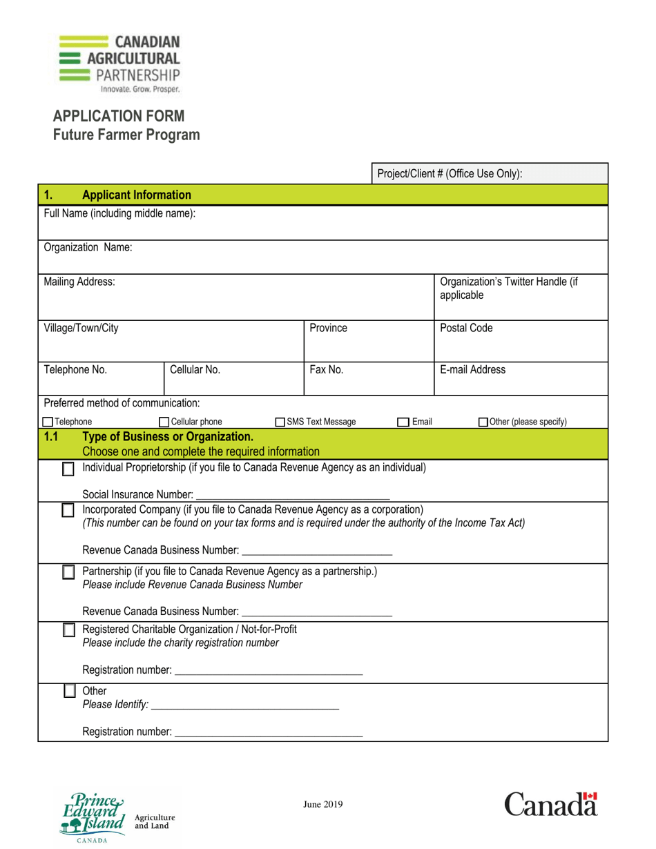 Application Form - Future Farmer Program - Prince Edward Island, Canada, Page 1