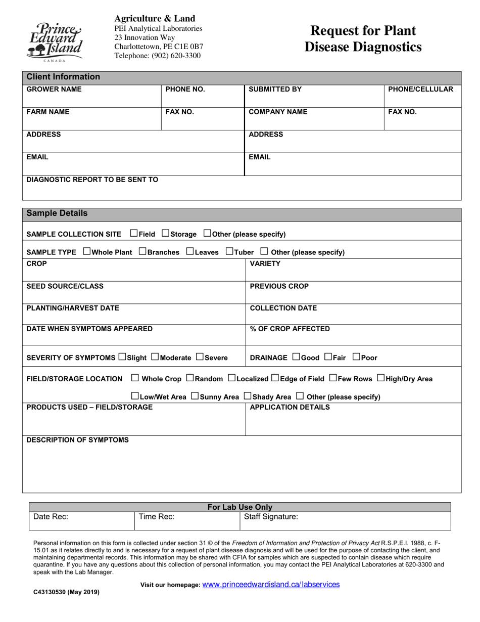 Form C43130530 Request for Plant Disease Diagnostics - Prince Edward Island, Canada, Page 1