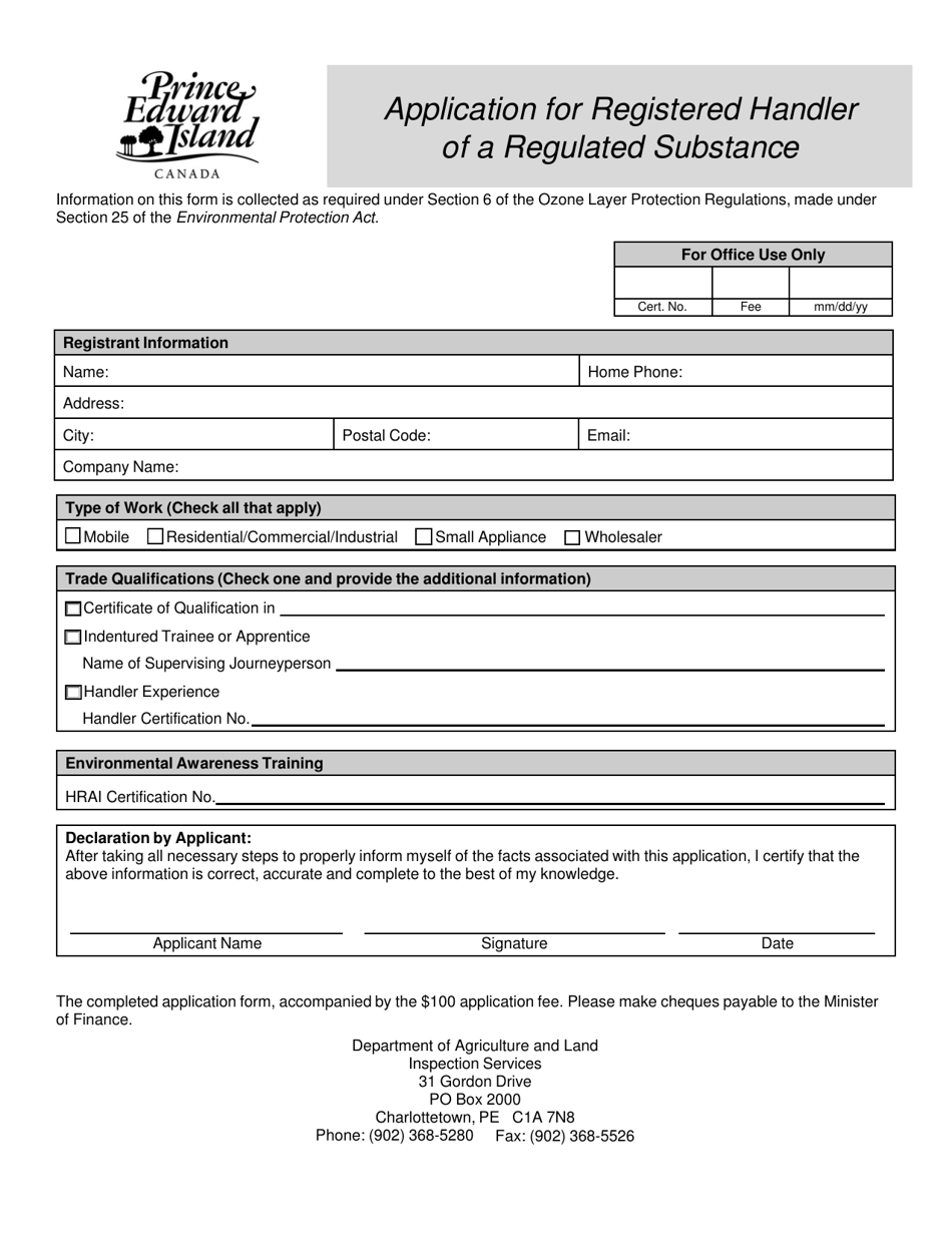 Application for Registered Handler of a Regulated Substance - Prince Edward Island, Canada, Page 1