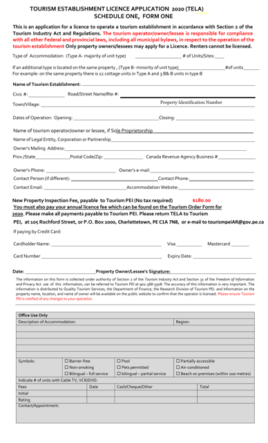 Form 1 Schedule 1 Tourism Establishment License Application (Tela) - Prince Edward Island, Canada, 2020