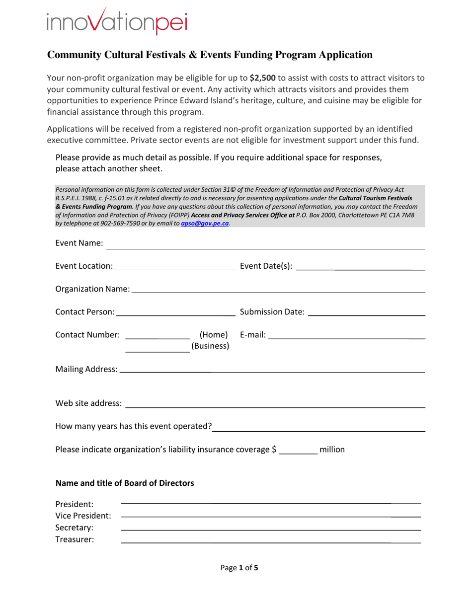 Community Cultural Festivals  Events Funding Program Application - Prince Edward Island, Canada, Page 1