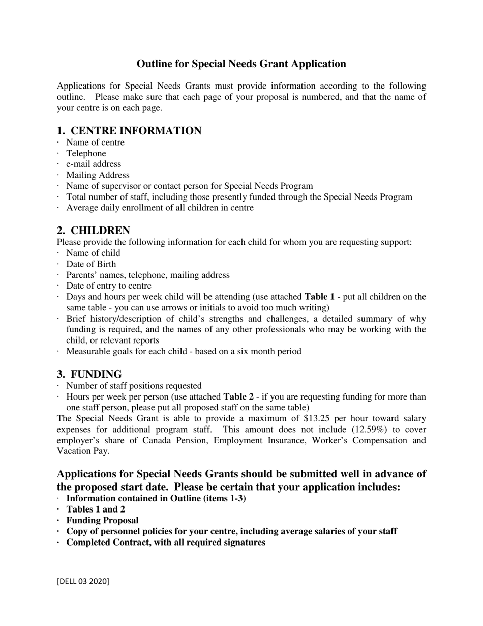 Special Needs Grant Application - Prince Edward Island, Canada, Page 1