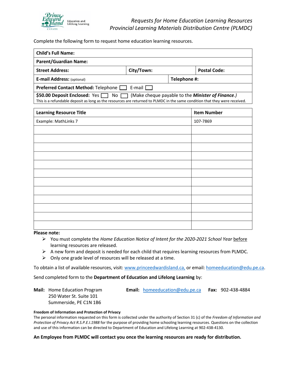 Requests for Home Education Learning Resources - Provincial Learning Materials Distribution Centre (Plmdc) - Prince Edward Island, Canada, Page 1