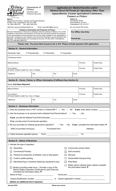 Application for Marked Gasoline and / or Marked Diesel Oil Permit for Operations Other Than Aquaculturists, Custom Agricultural Contractors, Farmers or Fishers - Prince Edward Island, Canada Download Pdf