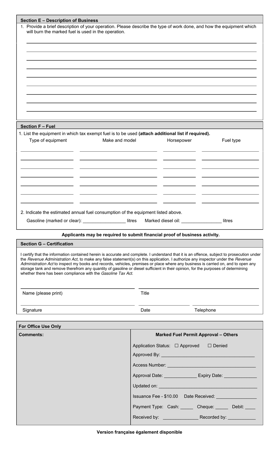 Application for Marked Gasoline and / or Marked Diesel Oil Permit for Operations Other Than Aquaculturists, Custom Agricultural Contractors, Farmers or Fishers - Prince Edward Island, Canada, Page 2