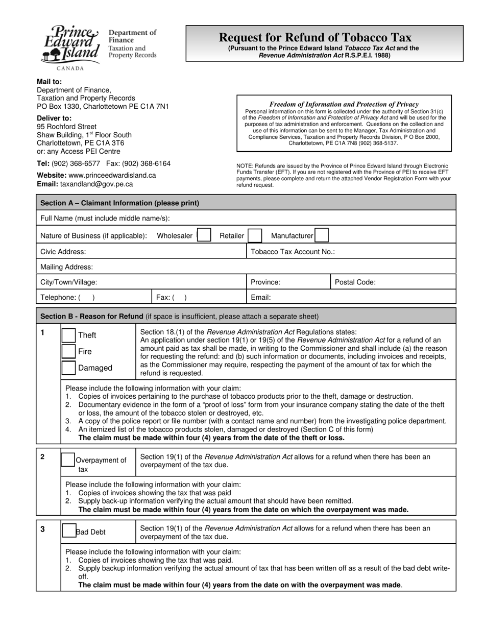 Request for Refund of Tobacco Tax - Prince Edward Island, Canada, Page 1