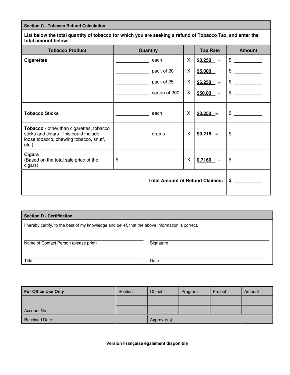 Request for Refund of Tobacco Tax - Prince Edward Island, Canada, Page 2