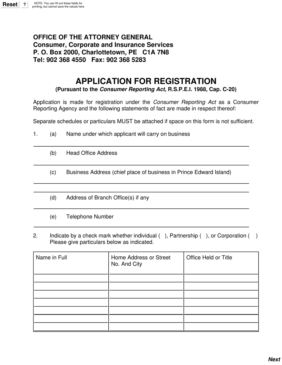 Application for Registration - Prince Edward Island, Canada, Page 1