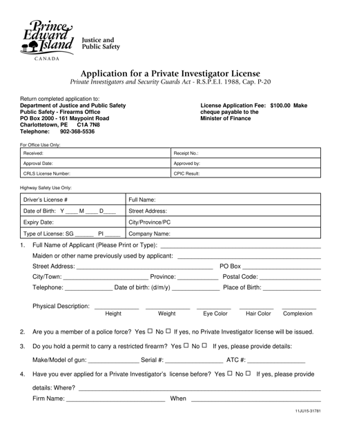 Application for a Private Investigator License - Prince Edward Island, Canada Download Pdf
