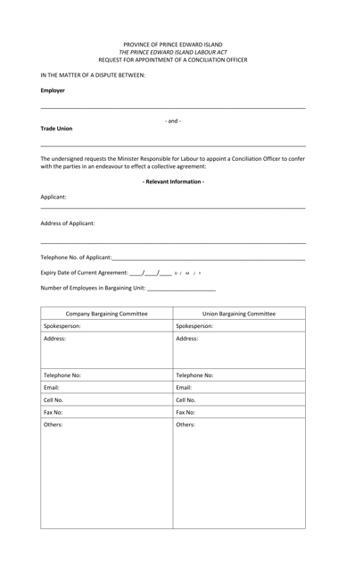 Request for Appointment of a Conciliation Officer - Prince Edward Island, Canada Download Pdf