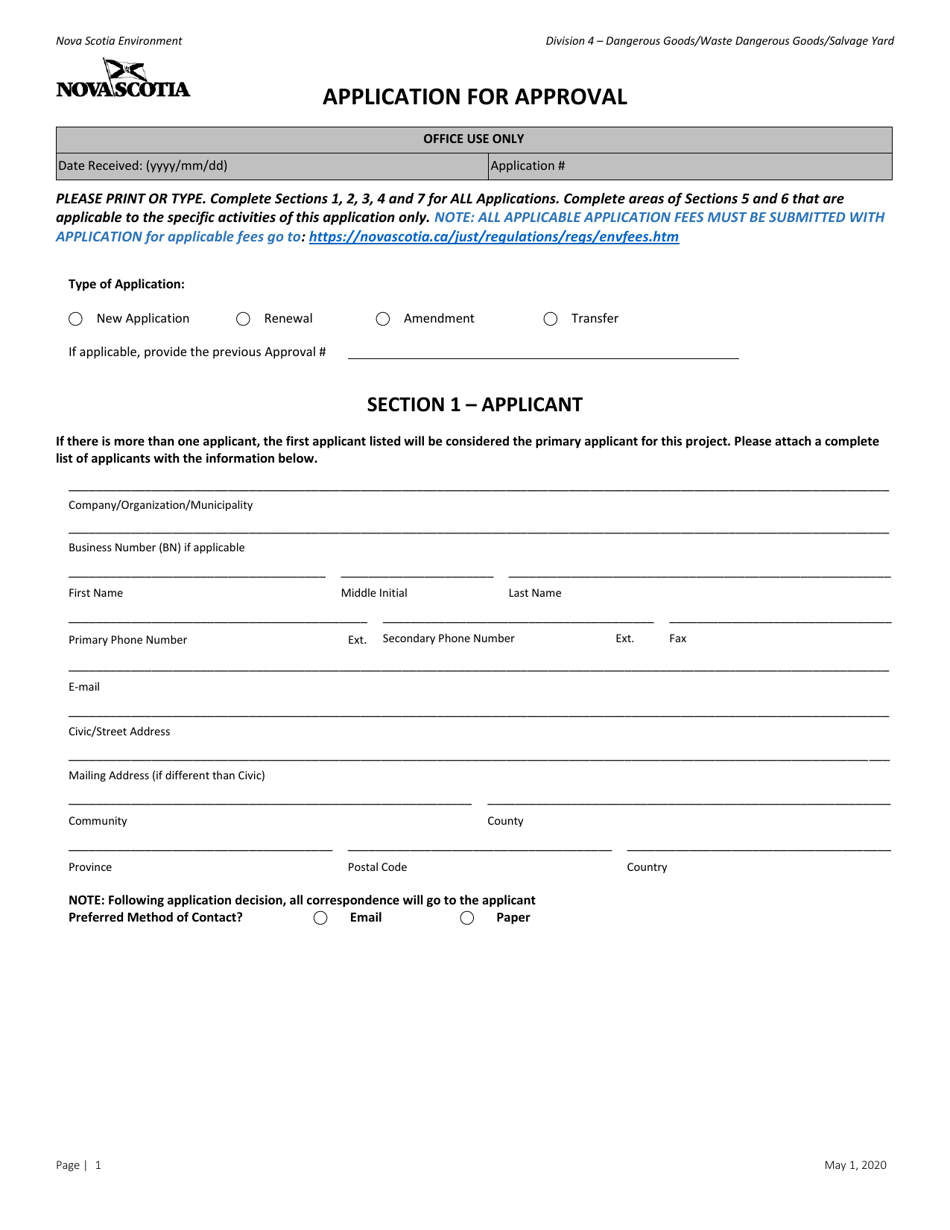 Dangerous Goods / Waste Dangerous Goods / Salvage Facility Application for Approval - Nova Scotia, Canada, Page 1