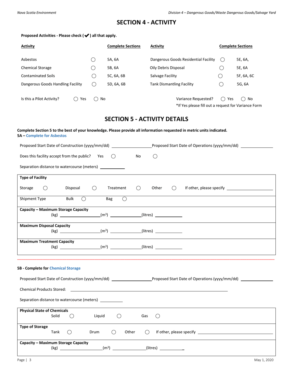 Dangerous Goods / Waste Dangerous Goods / Salvage Facility Application for Approval - Nova Scotia, Canada, Page 3