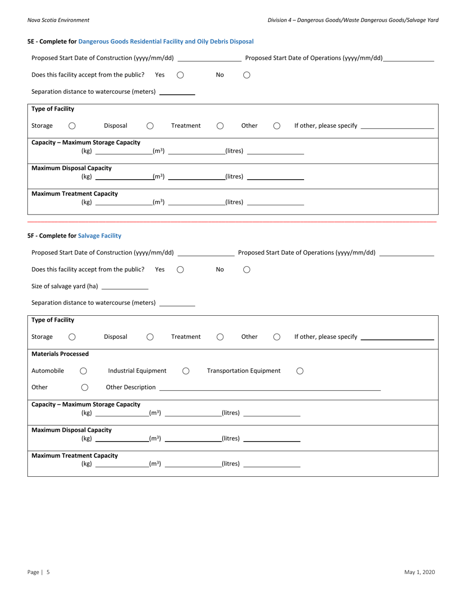 Dangerous Goods / Waste Dangerous Goods / Salvage Facility Application for Approval - Nova Scotia, Canada, Page 5