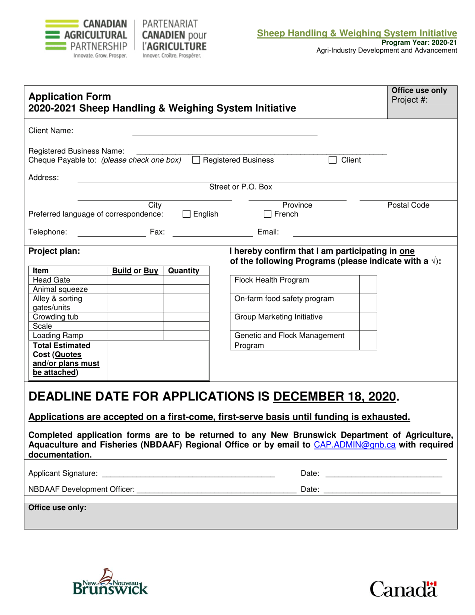 Sheep Handling  Weighing System Initiative Application Form - New Brunswick, Canada, Page 1