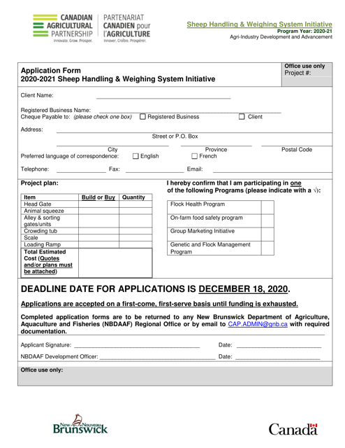 Sheep Handling & Weighing System Initiative Application Form - New Brunswick, Canada, 2021