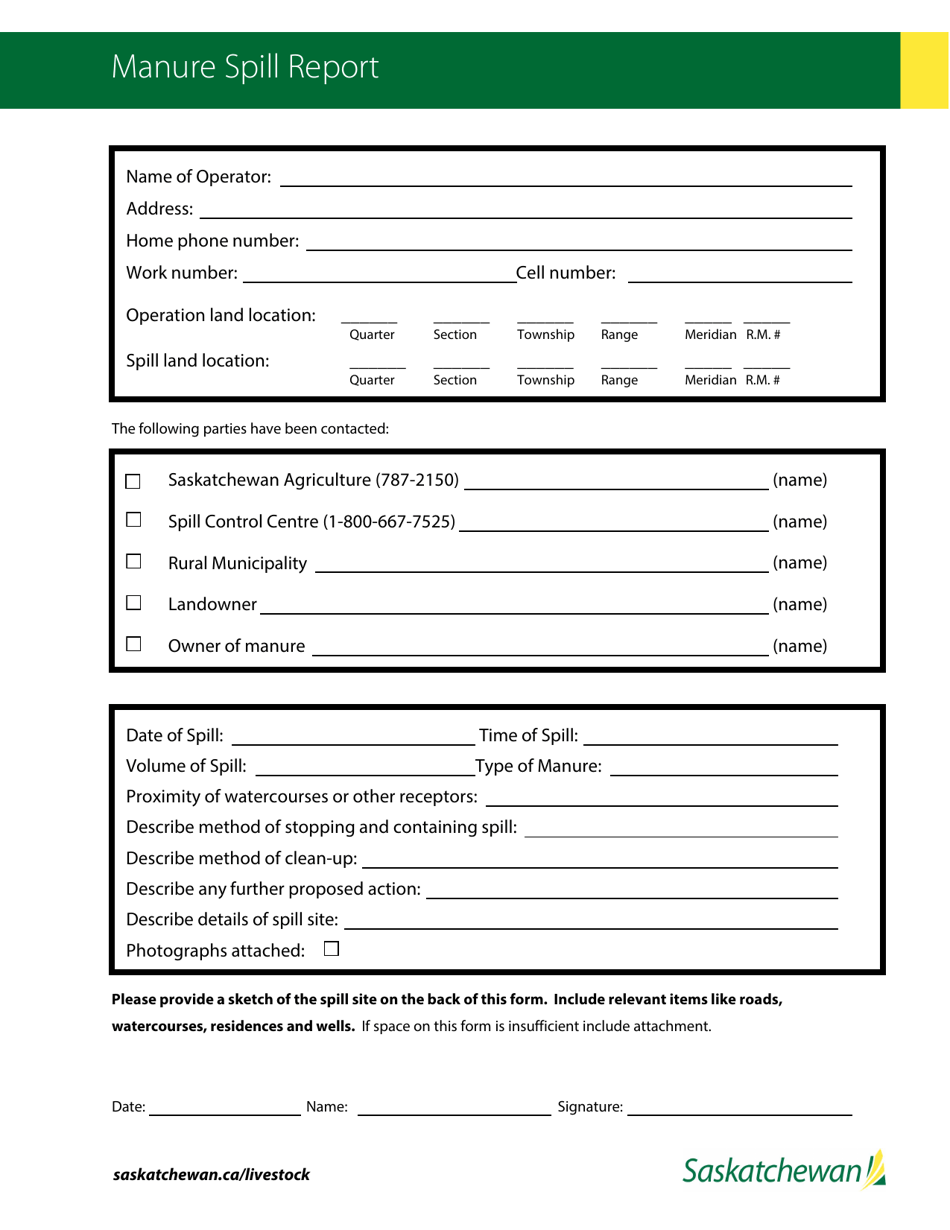 Saskatchewan Canada Manure Spill Report Download Printable PDF ...