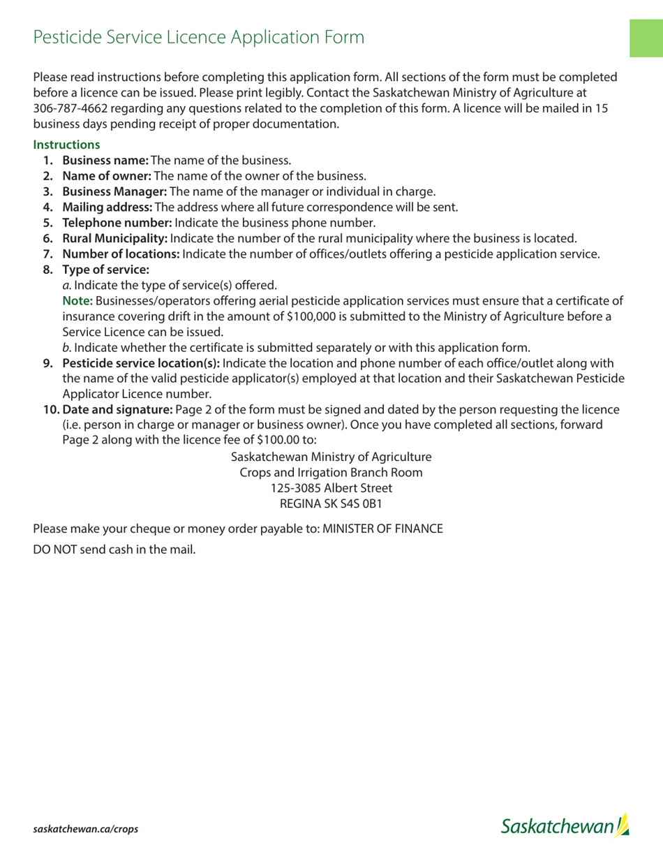 Pesticide Service Licence Application Form - Saskatchewan, Canada, Page 1