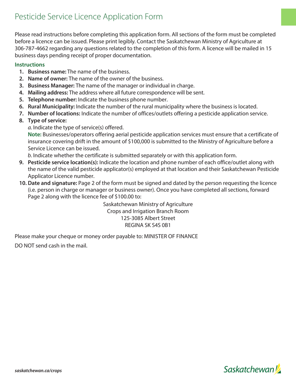 Saskatchewan Canada Pesticide Service Licence Application Form Download Fillable PDF