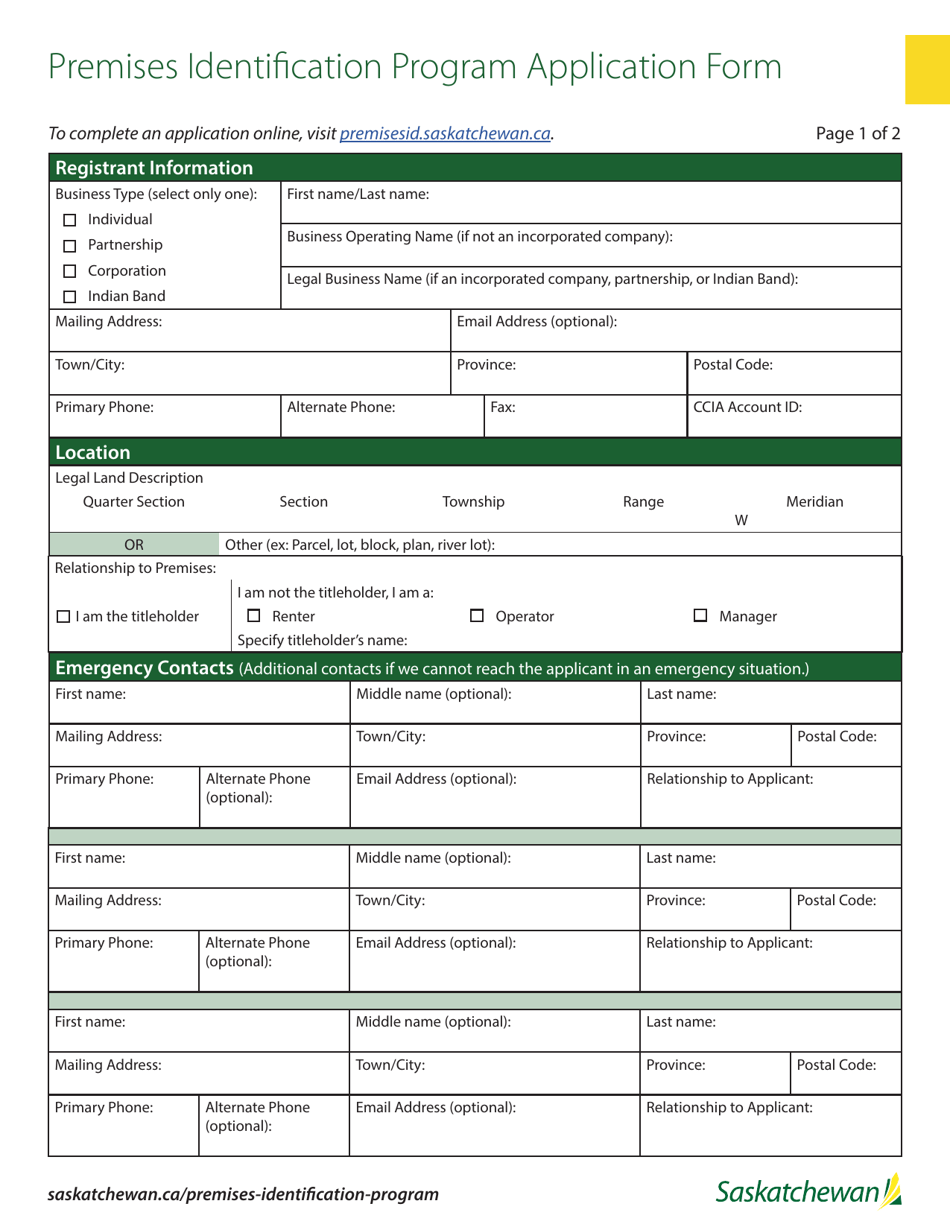 Premises Identification Program Application Form - Saskatchewan, Canada, Page 1