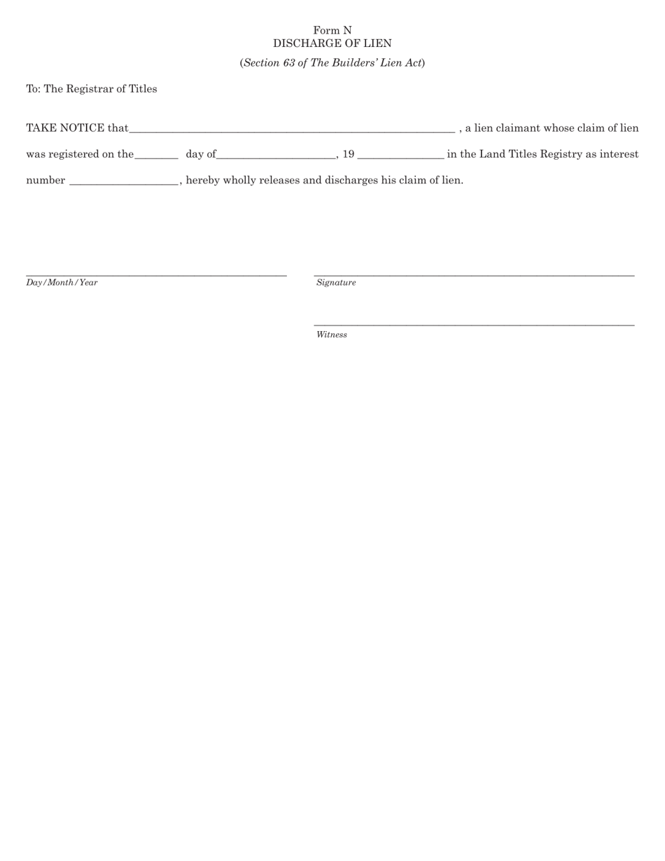 Form N Discharge of Lien - Saskatchewan, Canada, Page 1