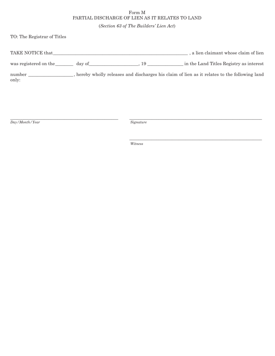 Form M Partial Discharge of Lien as It Relates to Land - Saskatchewan, Canada, Page 1