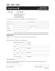 Form CSB12020 &quot;Application for Fur Dealers Licence&quot; - Saskatchewan, Canada