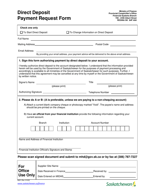 Form M221 Direct Deposit Payment Request Form - Saskatchewan, Canada