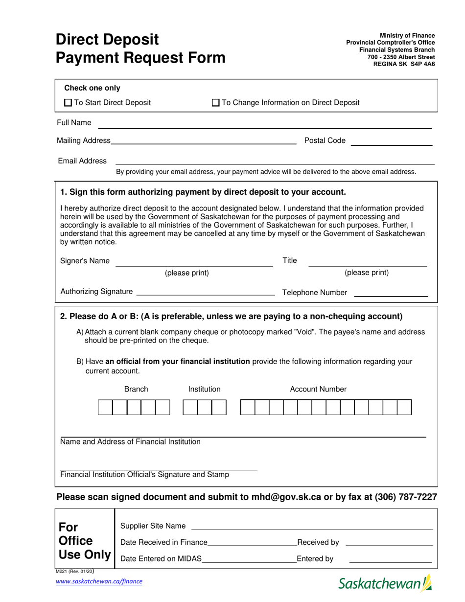 Form M221 Direct Deposit Payment Request Form - Saskatchewan, Canada, Page 1