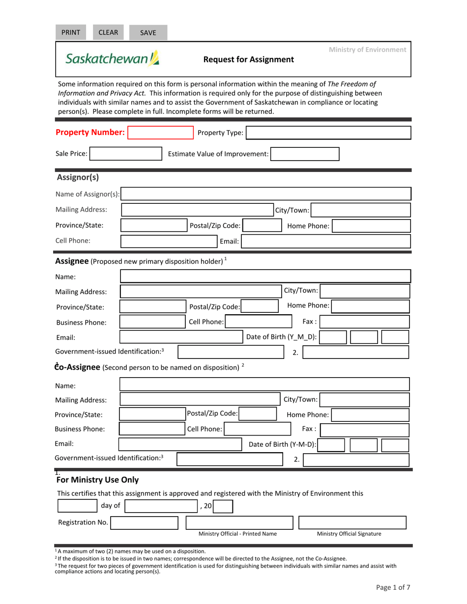 Request for Assignment - Saskatchewan, Canada, Page 1