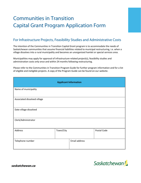 Communities in Transition Capital Grant Program Application Form - Saskatchewan, Canada Download Pdf