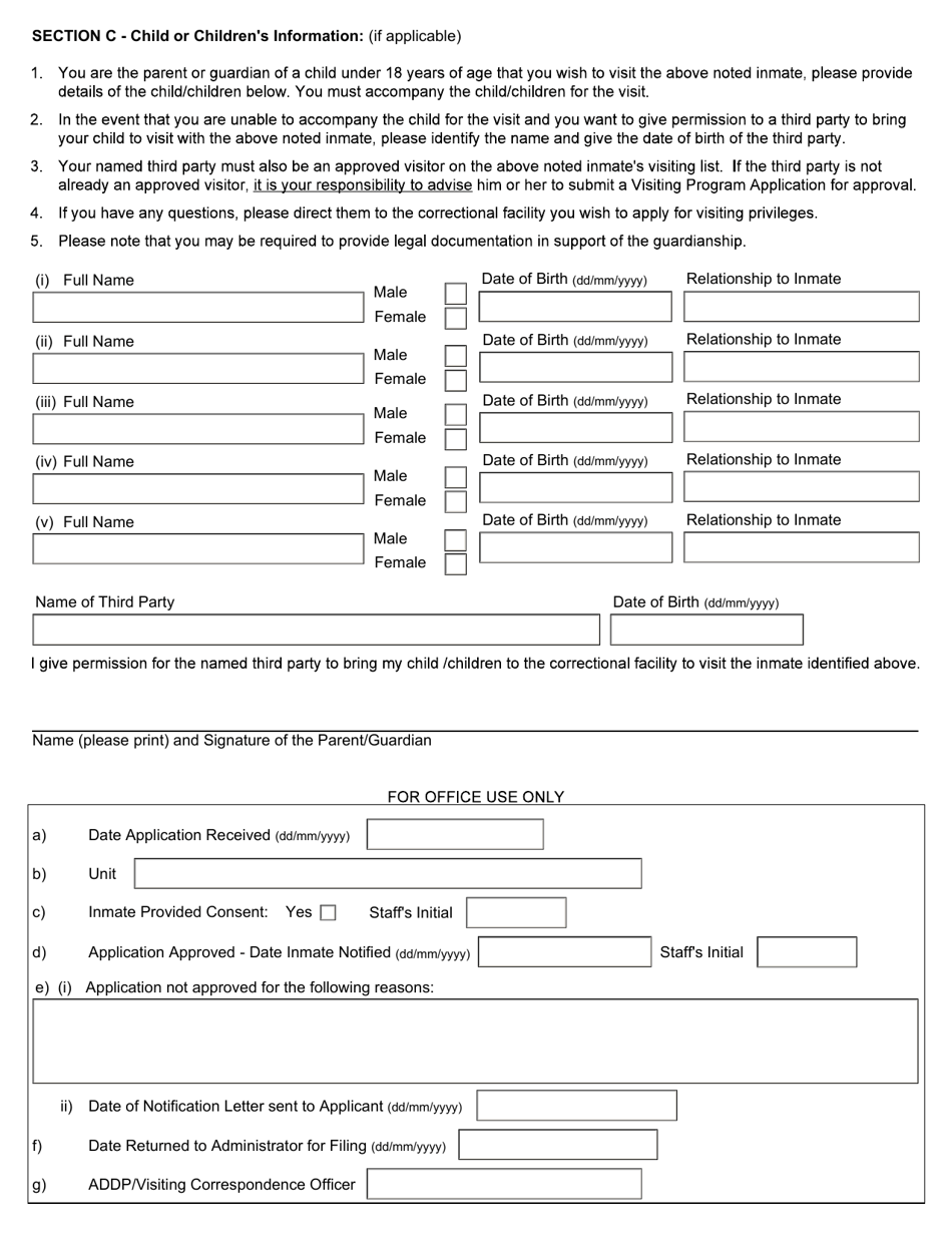 Adult Correctional Facility Visiting Program Application - Saskatchewan, Canada, Page 2