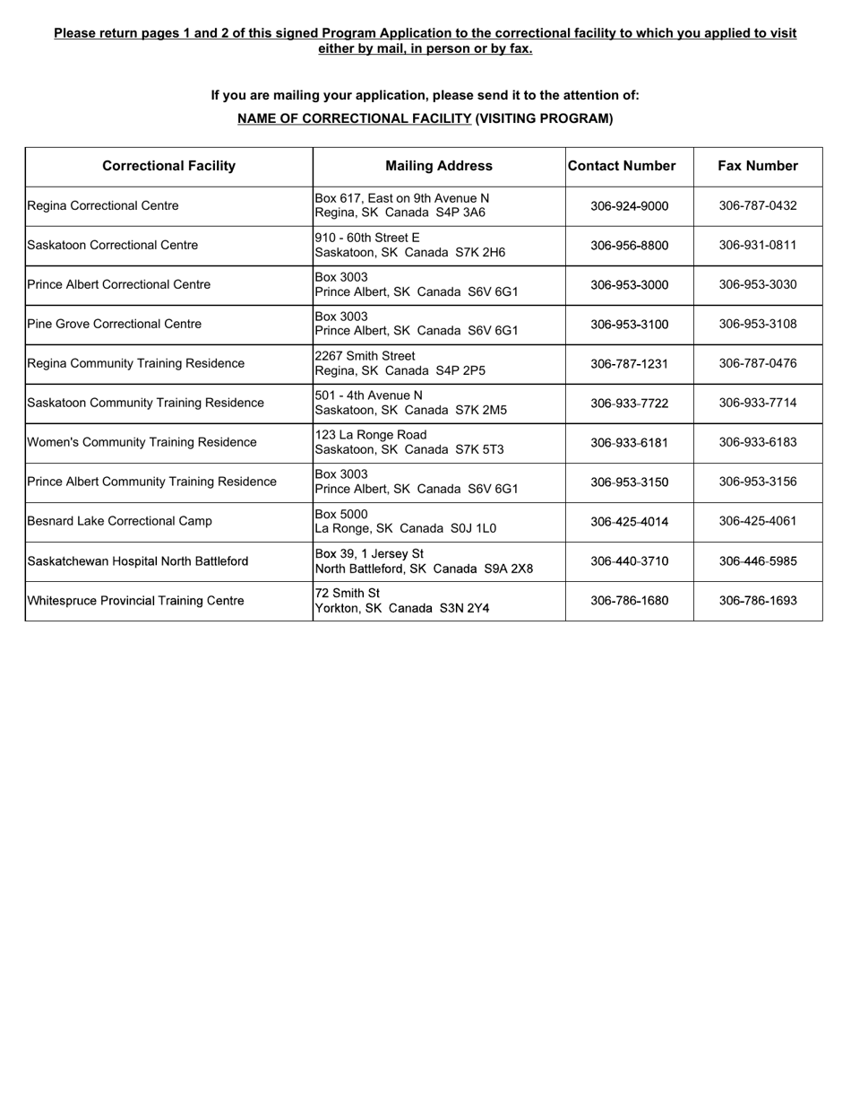 Adult Correctional Facility Visiting Program Application - Saskatchewan, Canada, Page 3