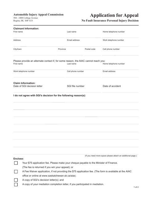 Application for Appeal No Fault Insurance Personal Injury Decision - Saskatchewan, Canada Download Pdf
