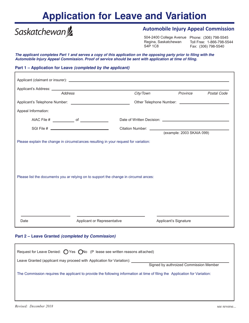 Application for Leave and Variation - Saskatchewan, Canada, Page 1