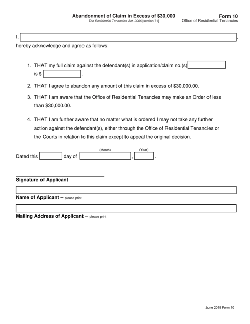 Form 10 Abandonment of Claim in Excess of $30,000 - Saskatchewan, Canada