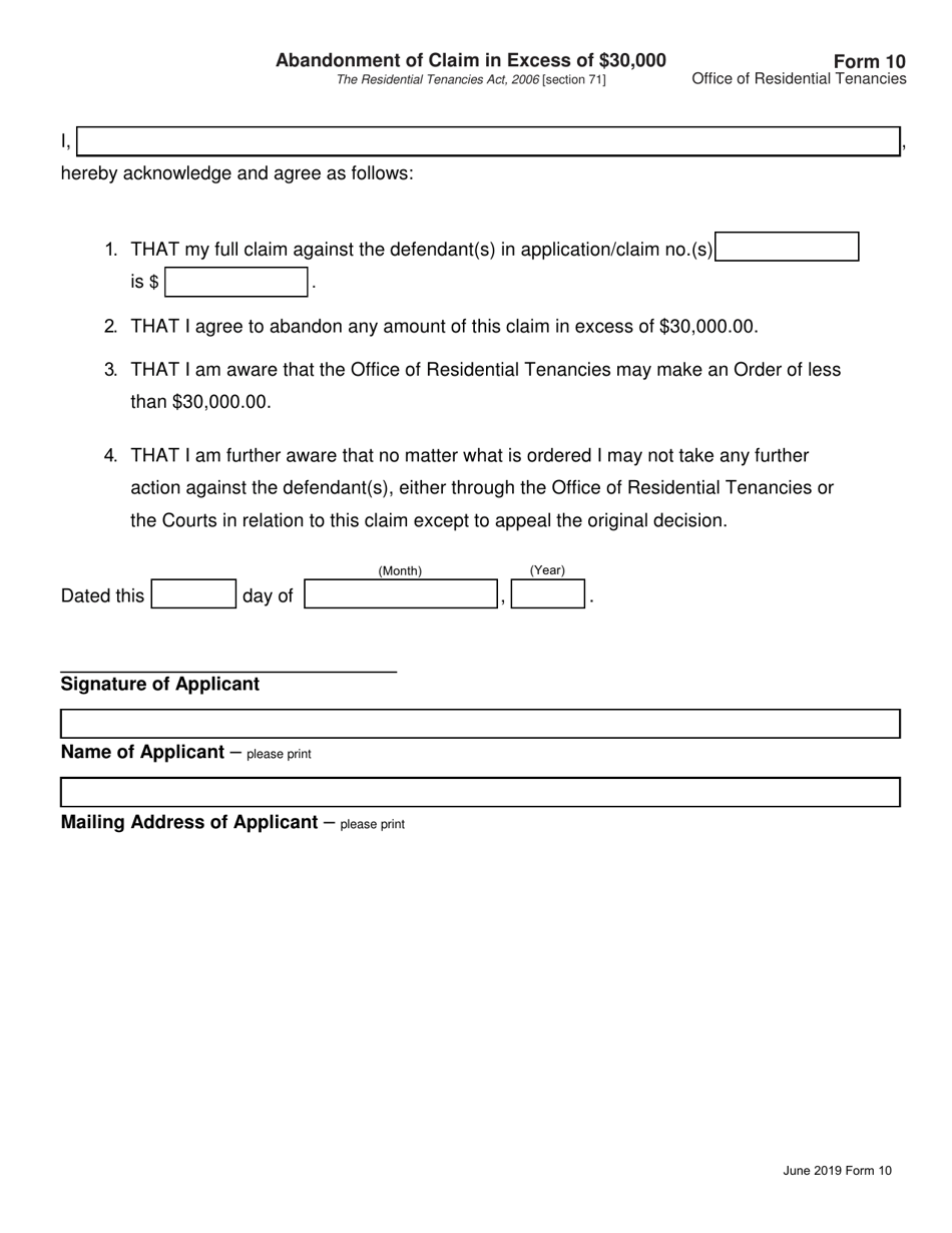 Form 10 Abandonment of Claim in Excess of $30,000 - Saskatchewan, Canada, Page 1