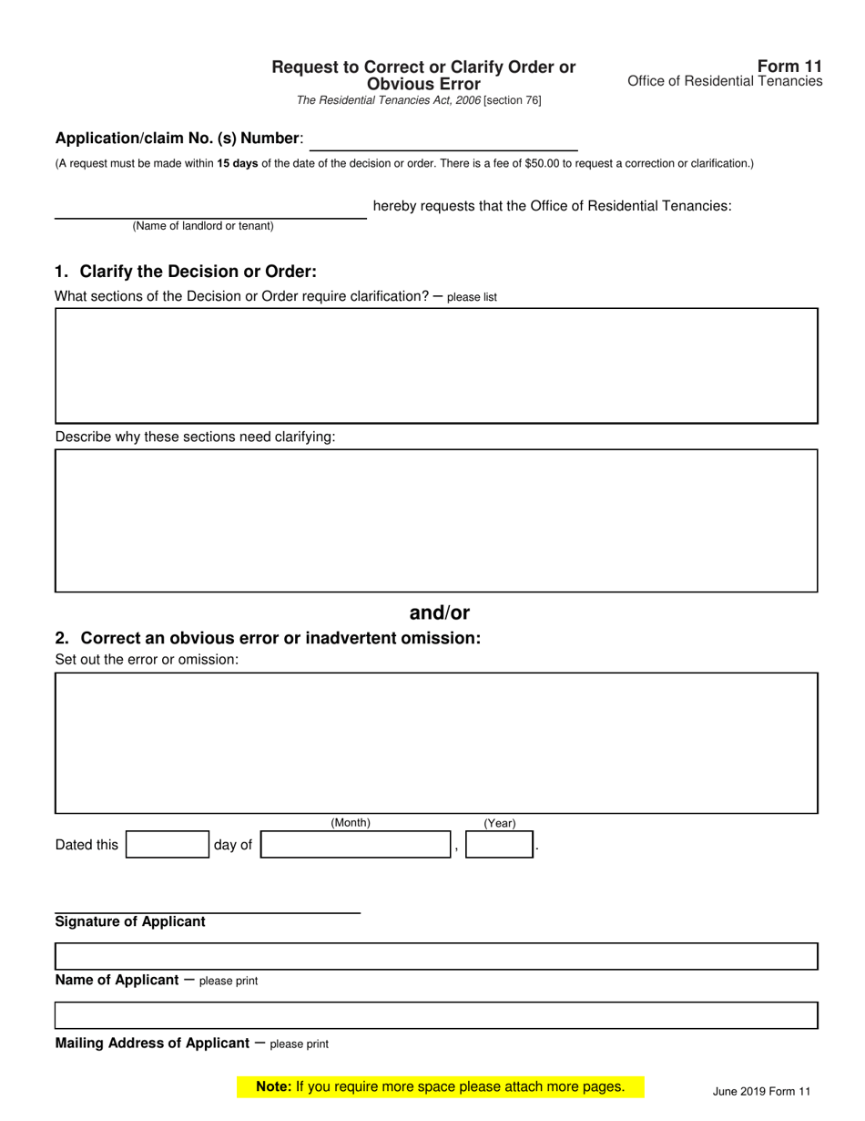 Form 11 Request to Correct or Clarify Order or Obvious Error - Saskatchewan, Canada, Page 1