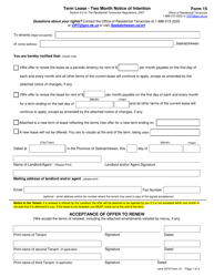 Form 15 &quot;Term Lease - Two Month Notice of Intention&quot; - Saskatchewan, Canada