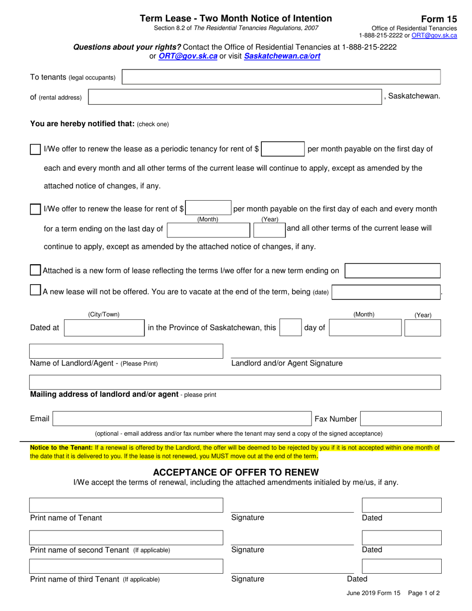 Form 15 Term Lease - Two Month Notice of Intention - Saskatchewan, Canada, Page 1