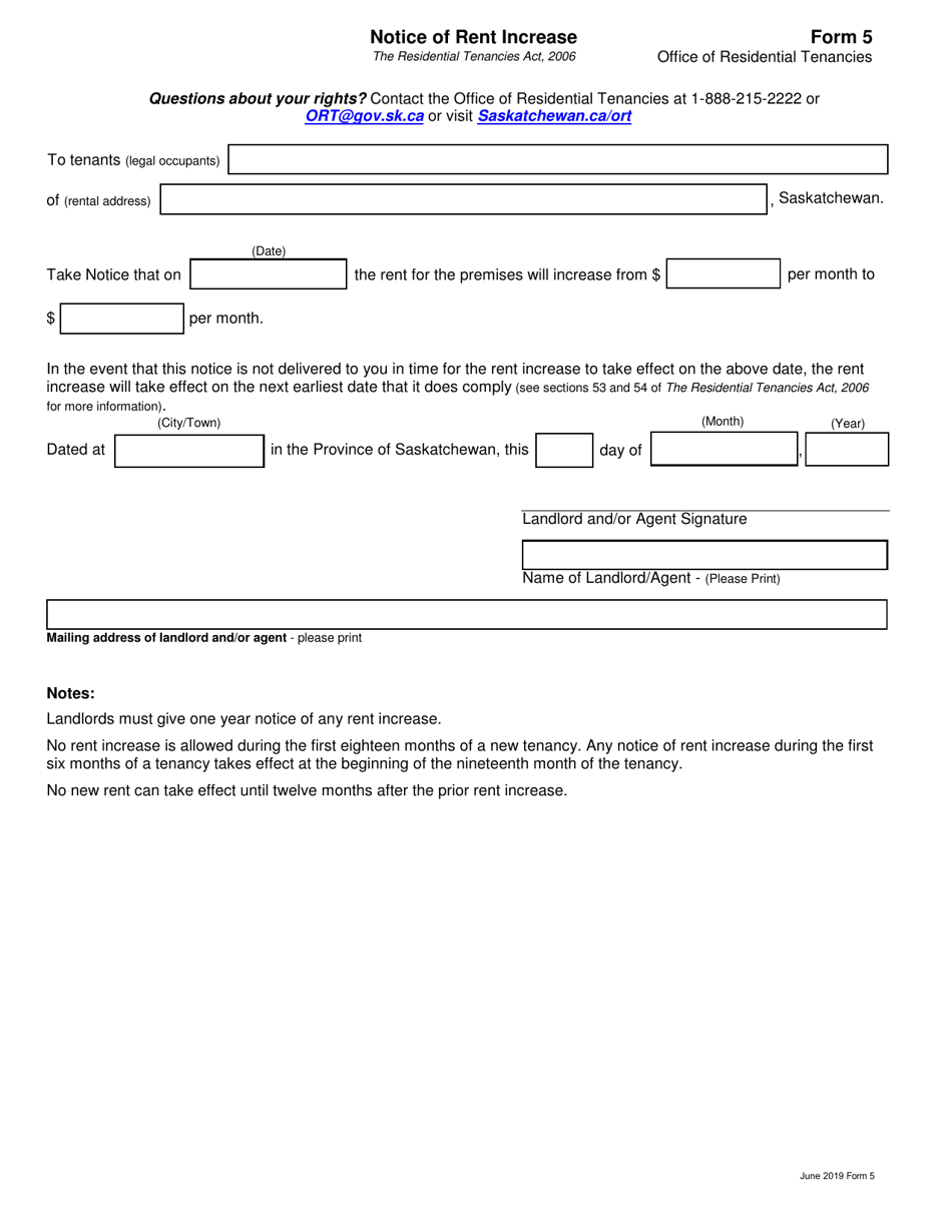 Form 5 Notice of Rent Increase - Saskatchewan, Canada, Page 1