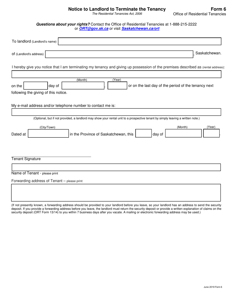 Form 6 Notice to Landlord to Terminate the Tenancy - Saskatchewan, Canada, Page 1