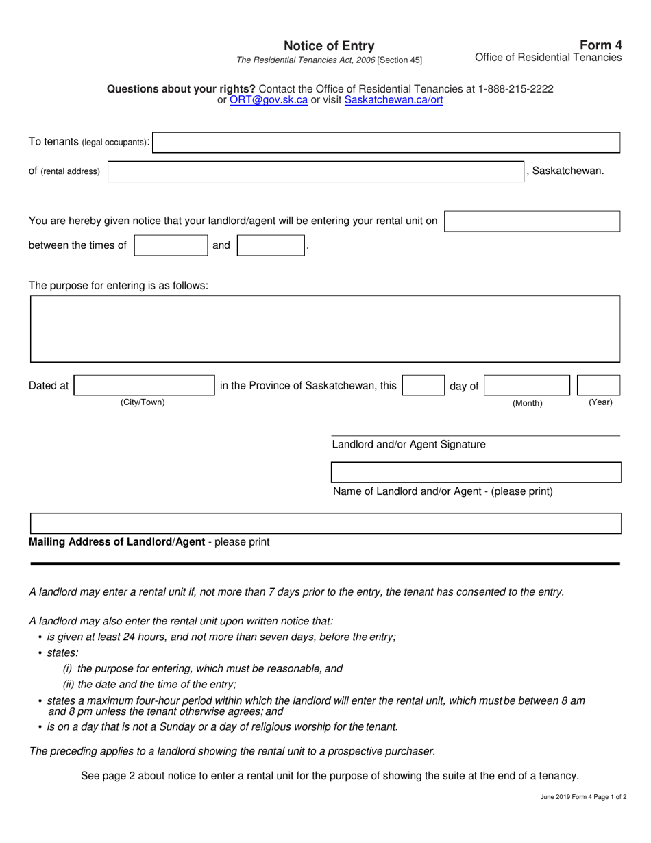 Form 4 - Fill Out, Sign Online And Download Fillable PDF, Saskatchewan ...