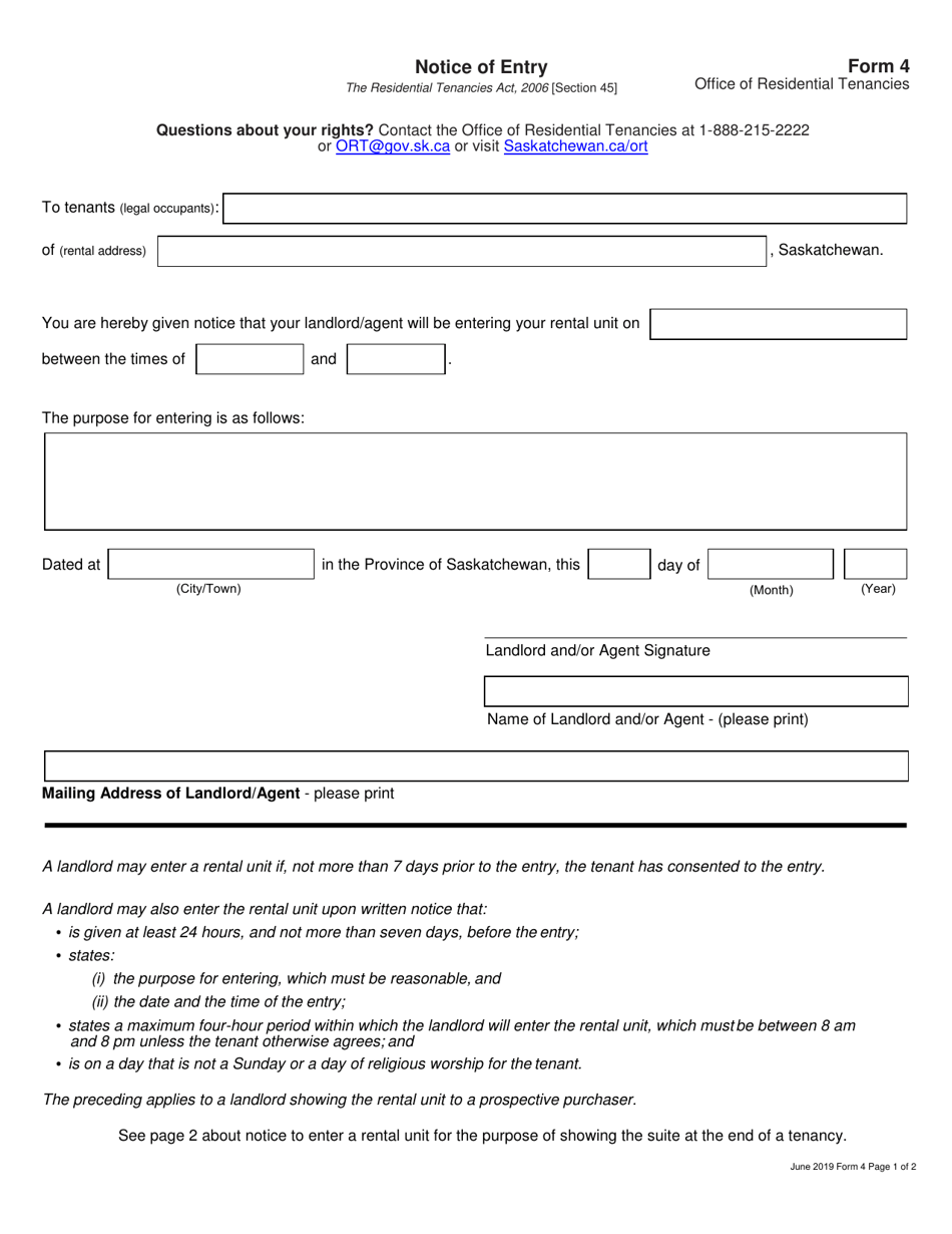 Form 4 Notice of Entry - Saskatchewan, Canada, Page 1