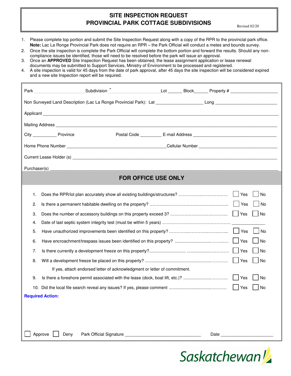 Saskatchewan Canada Site Inspection Request Provincial Park Cottage ...