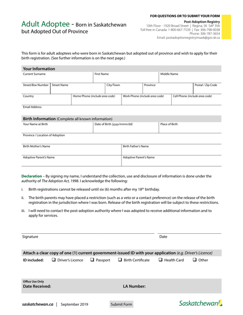 Application for Services - Adult Adoptee Born in Saskatchewan but Adopted out of Province - Saskatchewan, Canada Download Pdf