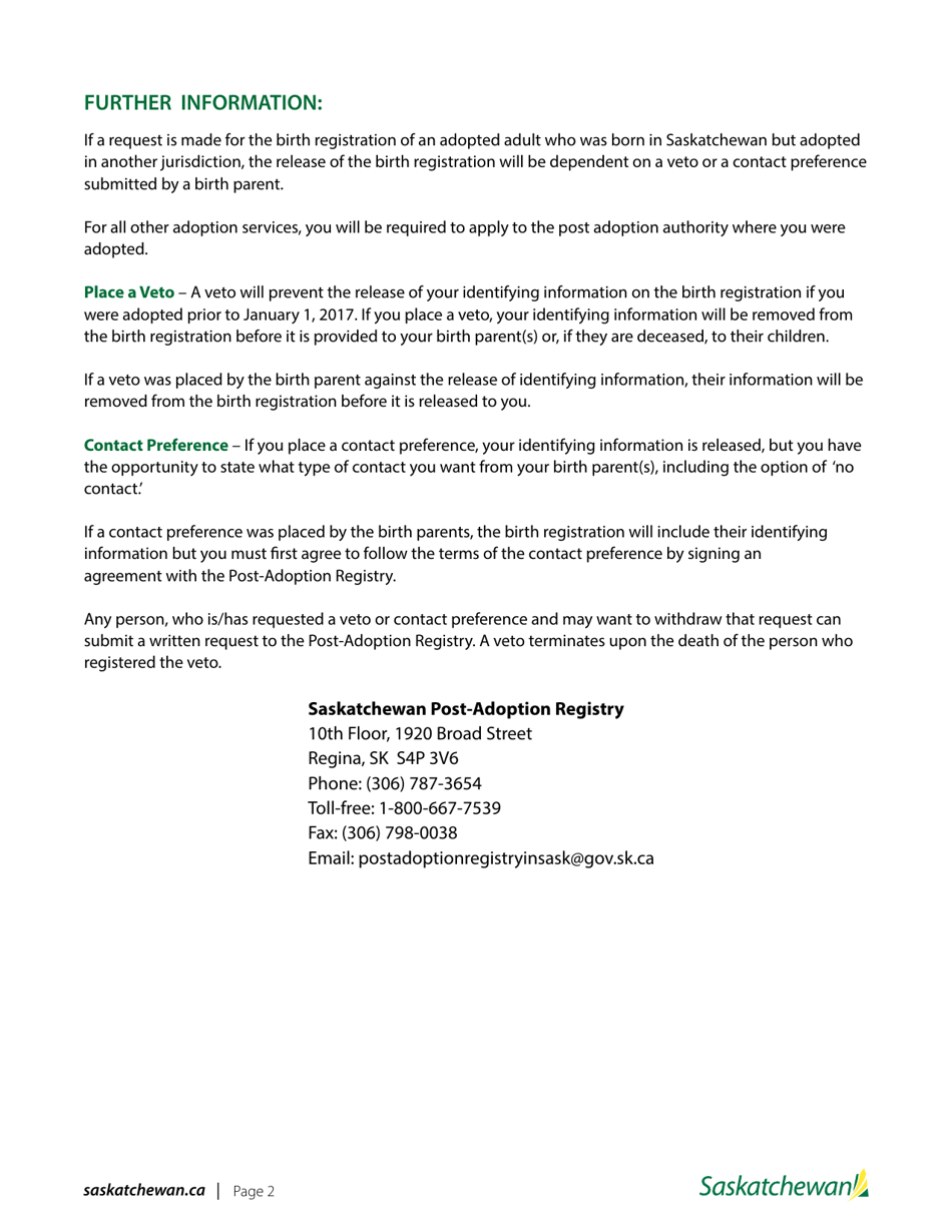Saskatchewan Canada Application for Services Adult Adoptee Born in
